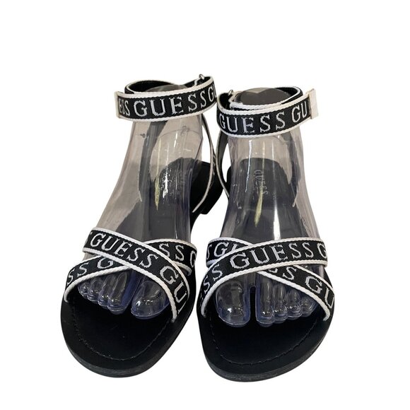 Guess Black White Logo Ankle Strap Flat Sandals Casual Summer Trendy Size 7M - Picture 5 of 13